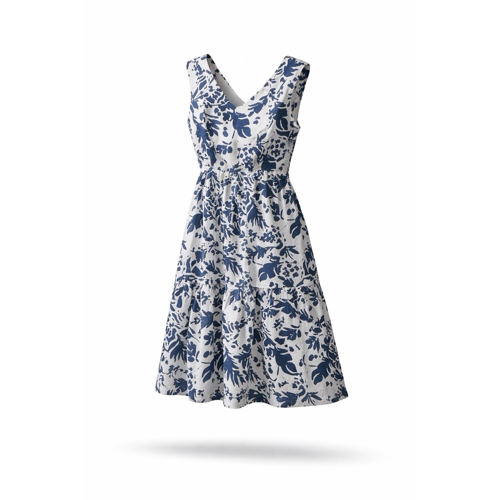 Magaschoni Linen Midi Dress 8 V-Neck White Blue Floral Sleeveless Weekend Party